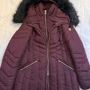 Guess Maroon Puffer Jacket with Faux Fur Trim